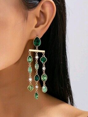 NEW! 14K Gold Plated Green Multi-Stone Dangle Post Earrings - Women's Jewelry